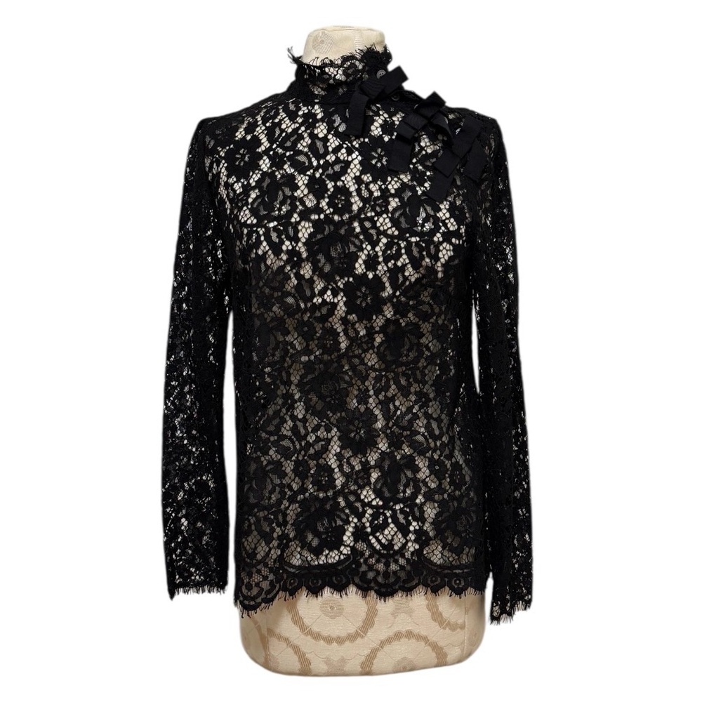 J. Crew Black Floral Lace Sheer Mock Neck Blouse Bows Fairygoth Goth Size 2 NWT